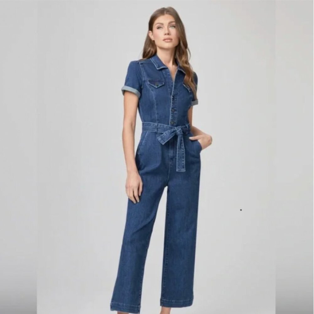 PAIGE Dark Denim Jumpsuit with Flare Leg | Size 2
